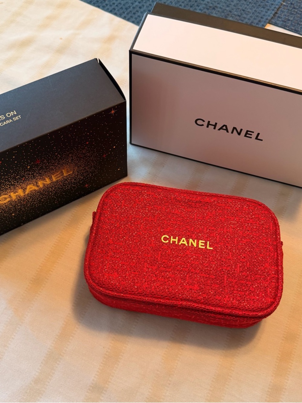 CHANEL Limited Edition Holiday Red Glitter Cosmetic Pouch with Gold Logo NEW!